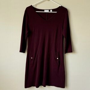 New York & Company Deep Purple/Red V-Neck Button‎ Pocket Dress